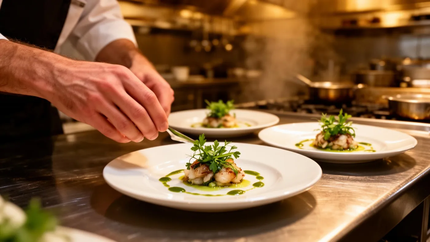 Chef dressant des assiettes en cuisine
